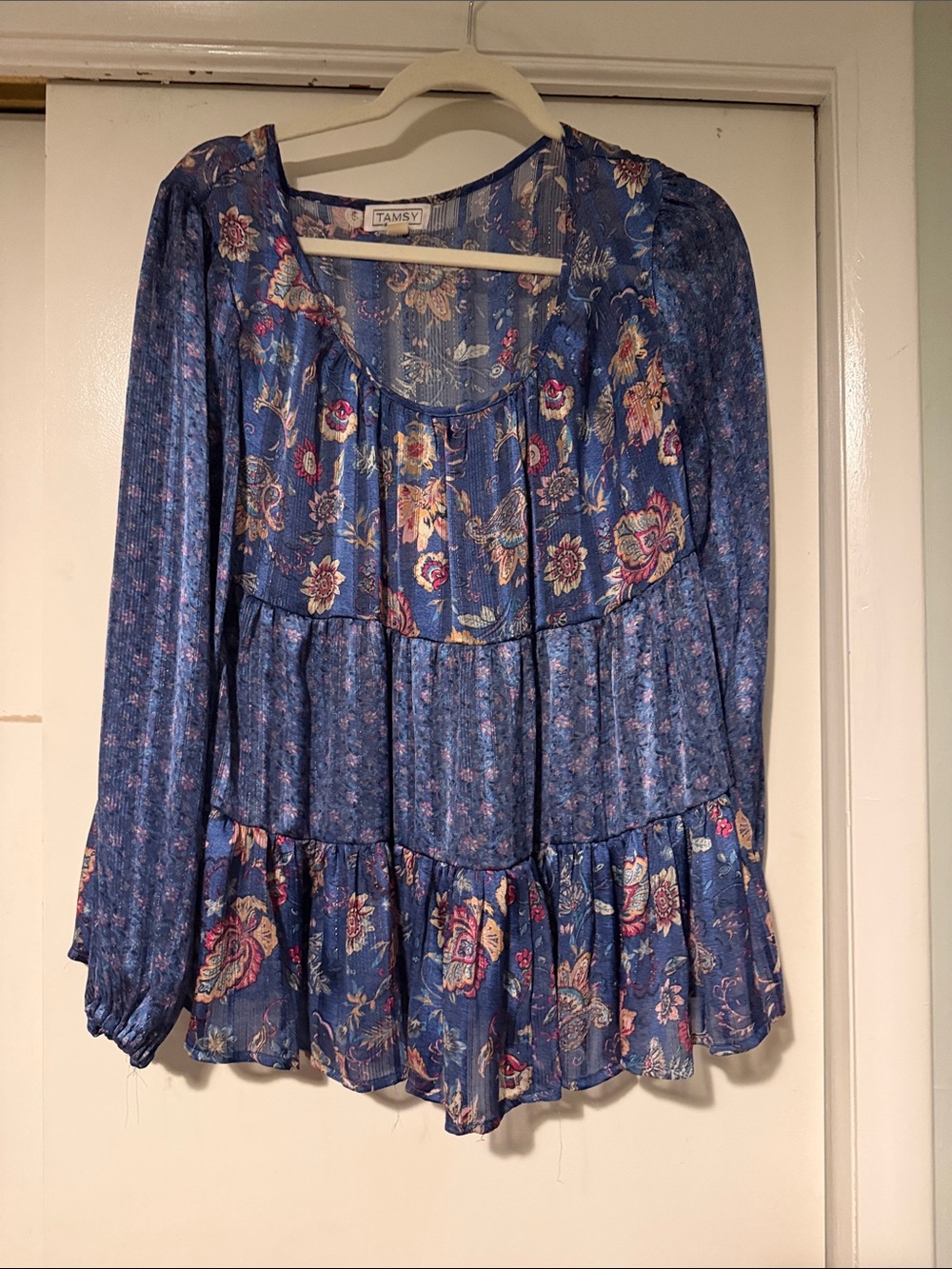 Tamsy Blue Floral Tiered Long-Sleeve Tunic